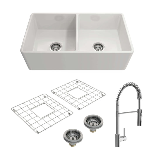 BOCCHI CLASSICO 33" Double Bowl Fireclay Kitchen Sink w/ Grids, Strainers & Livenza Faucet - White Sink and Chrome Faucet