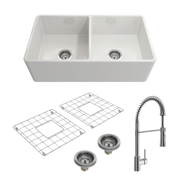 BOCCHI CLASSICO 33 Fireclay Kitchen Sink with Protective Bottom Grids and Strainers with Livenza 2.0 Faucet