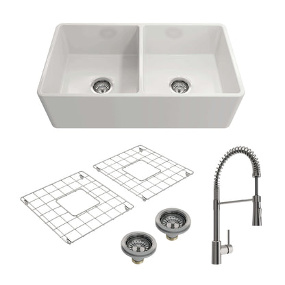 BOCCHI CLASSICO 33" Double Bowl Fireclay Kitchen Sink w/ Grids, Strainers & Livenza Faucet - White Sink with Stainless Steel Finish