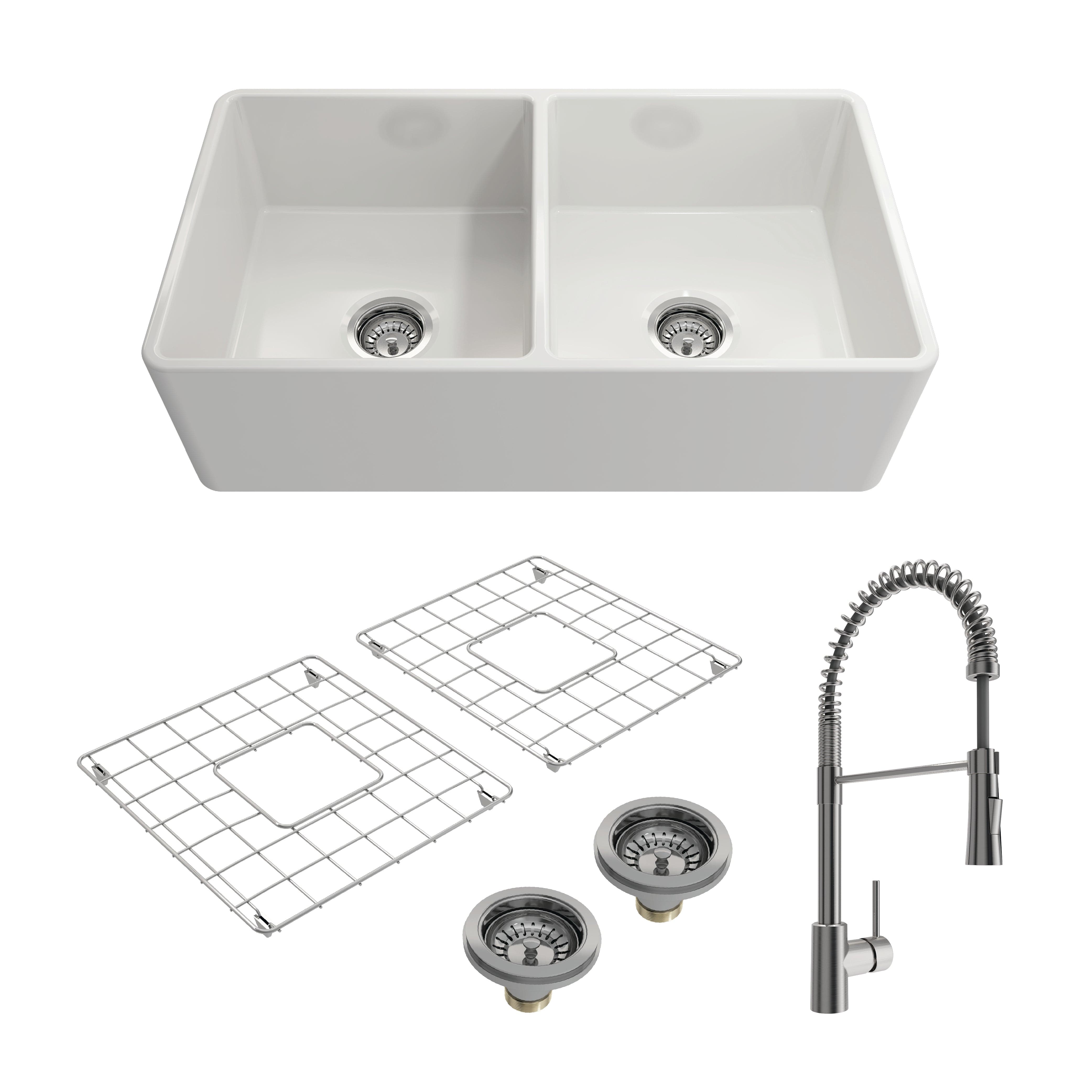 BOCCHI CLASSICO 33" Fireclay Kitchen Sink with Protective Bottom Grids and Strainers with Livenza 2.0 Faucet