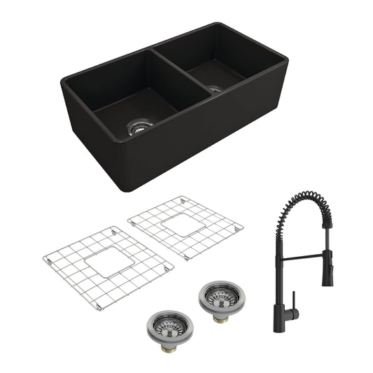 BOCCHI CLASSICO 33" Double Bowl Fireclay Kitchen Sink w/ Grids, Strainers & Livenza Faucet in Matte Black finish.