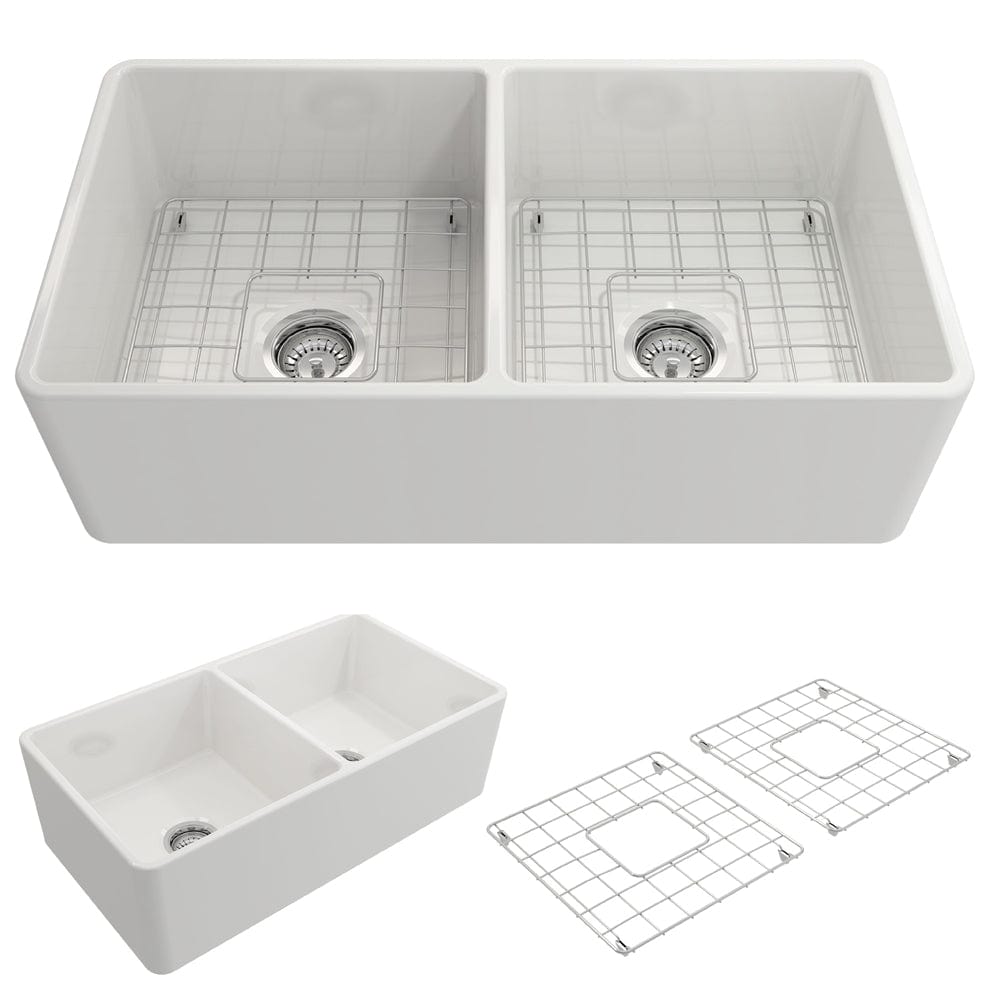 BOCCHI Classico 33" Fireclay Farmhouse Apron 50/50 Double Bowl Kitchen Sink with wire grids