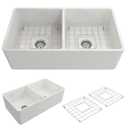BOCCHI Classico 33" Fireclay Farmhouse Apron 50/50 Double Bowl Kitchen Sink with wire grids