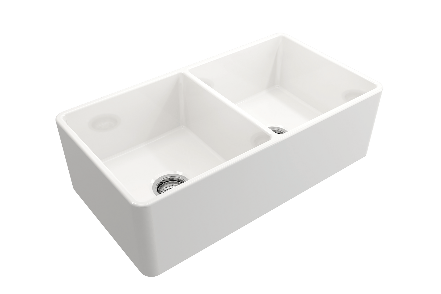 BOCCHI Classico 33" Fireclay Farmhouse Apron 50/50 Double Bowl Kitchen Sink in white with two bowl design.