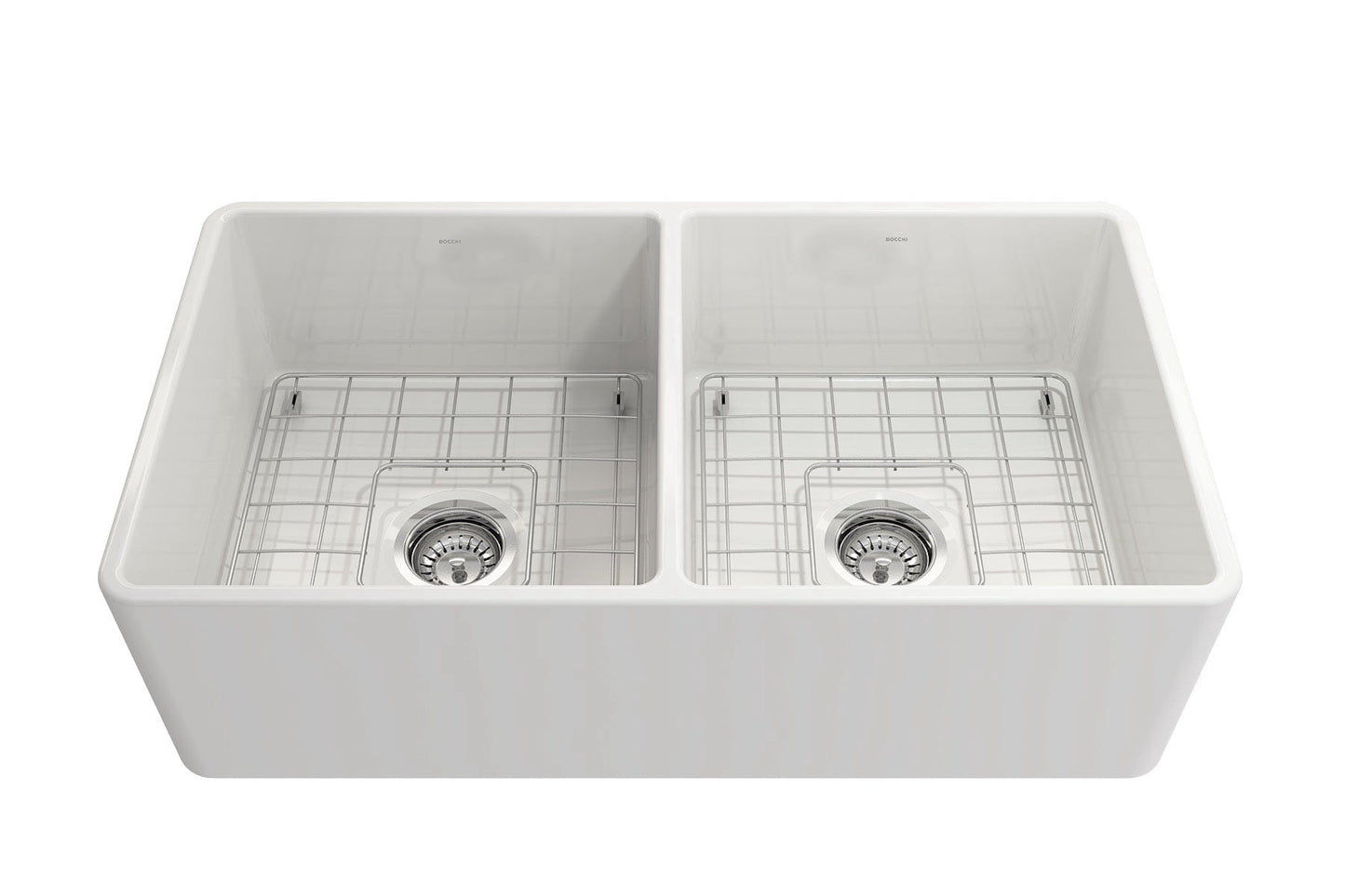 BOCCHI Classico 33" Fireclay Farmhouse Apron 50/50 Double Bowl Kitchen Sink with stainless steel grids.