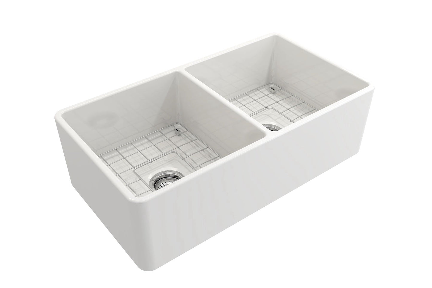 BOCCHI Classico 33" Fireclay Farmhouse Apron 50/50 Double Bowl Kitchen Sink with a sleek white finish.