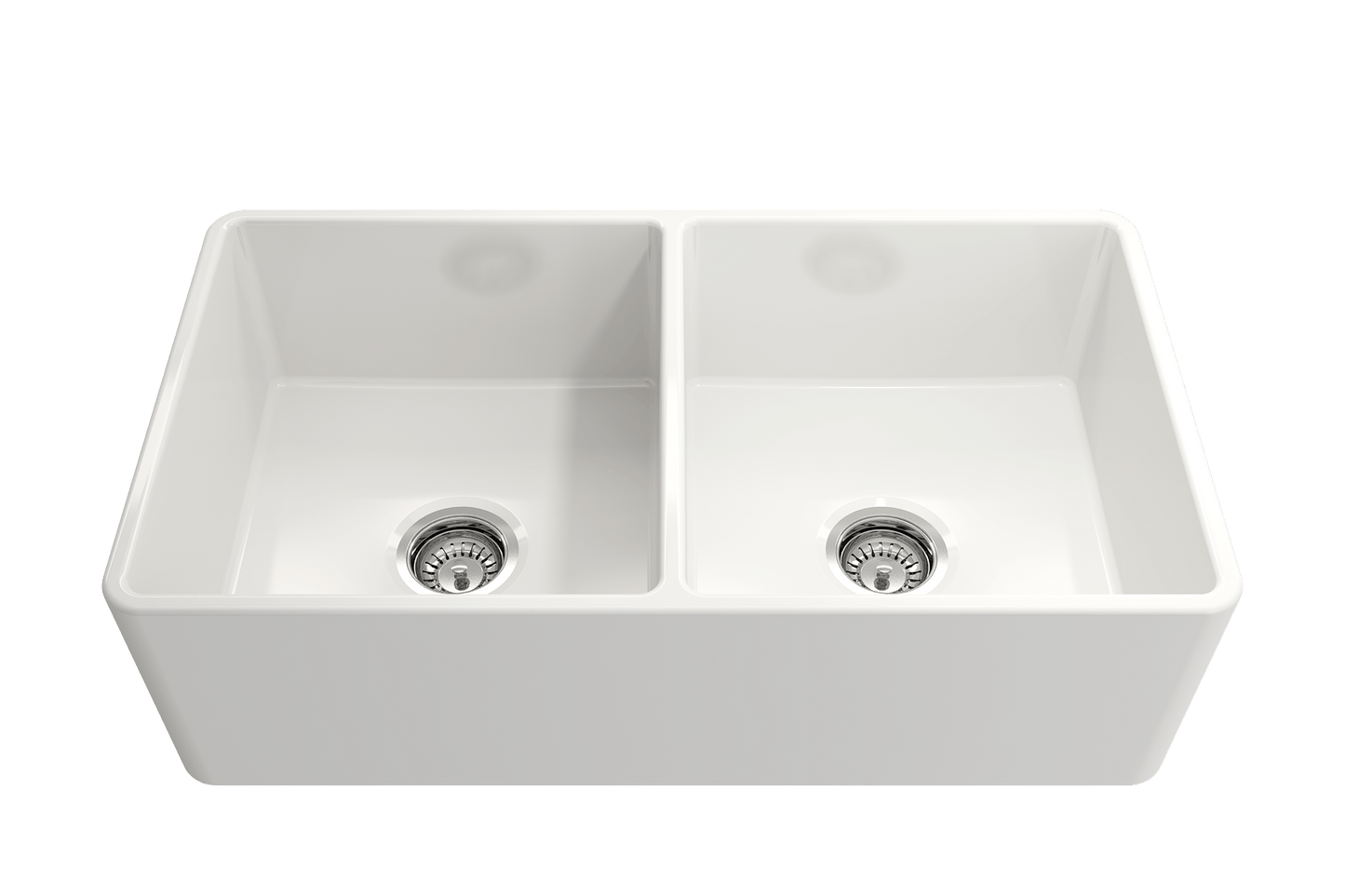 BOCCHI Classico 33" Fireclay Farmhouse Apron 50/50 Double Bowl Kitchen Sink in white finish.
