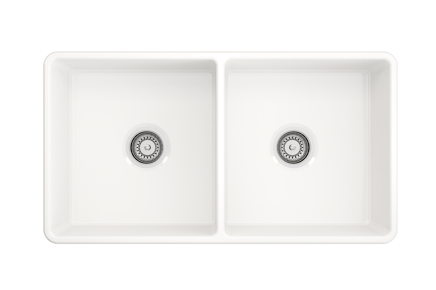 BOCCHI Classico 33" Fireclay Farmhouse Apron 50/50 Double Bowl Kitchen Sink top view with two bowl compartments.