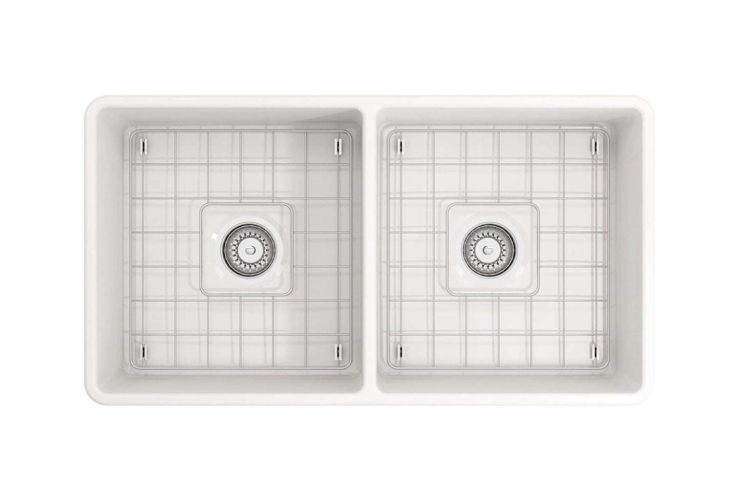 BOCCHI Classico 33" Fireclay Farmhouse Apron 50/50 Double Bowl Kitchen Sink overhead view showing dual bowls.