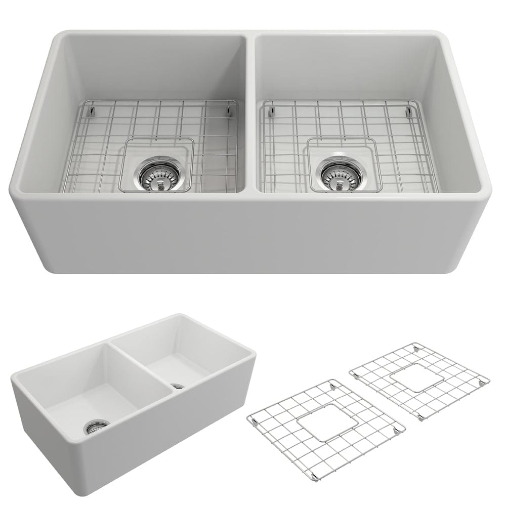BOCCHI Classico 33" Fireclay Farmhouse Apron 50/50 Double Bowl Kitchen Sink with grid racks