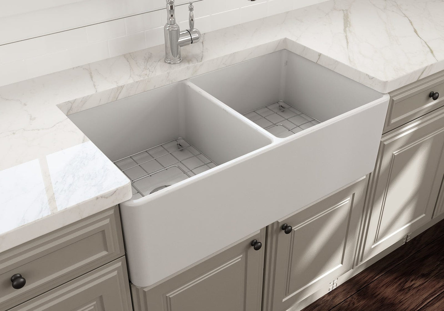 BOCCHI Classico 33" Fireclay Farmhouse Apron 50/50 Double Bowl Kitchen Sink displayed in a stylish kitchen.