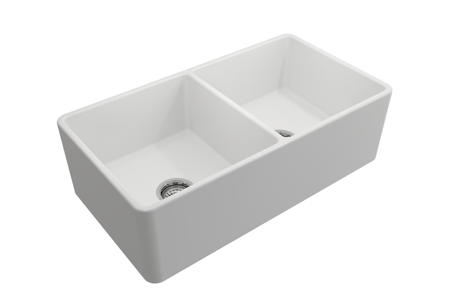BOCCHI Classico 33" Fireclay Farmhouse Apron 50/50 Double Bowl Kitchen Sink in white with dual bowls.