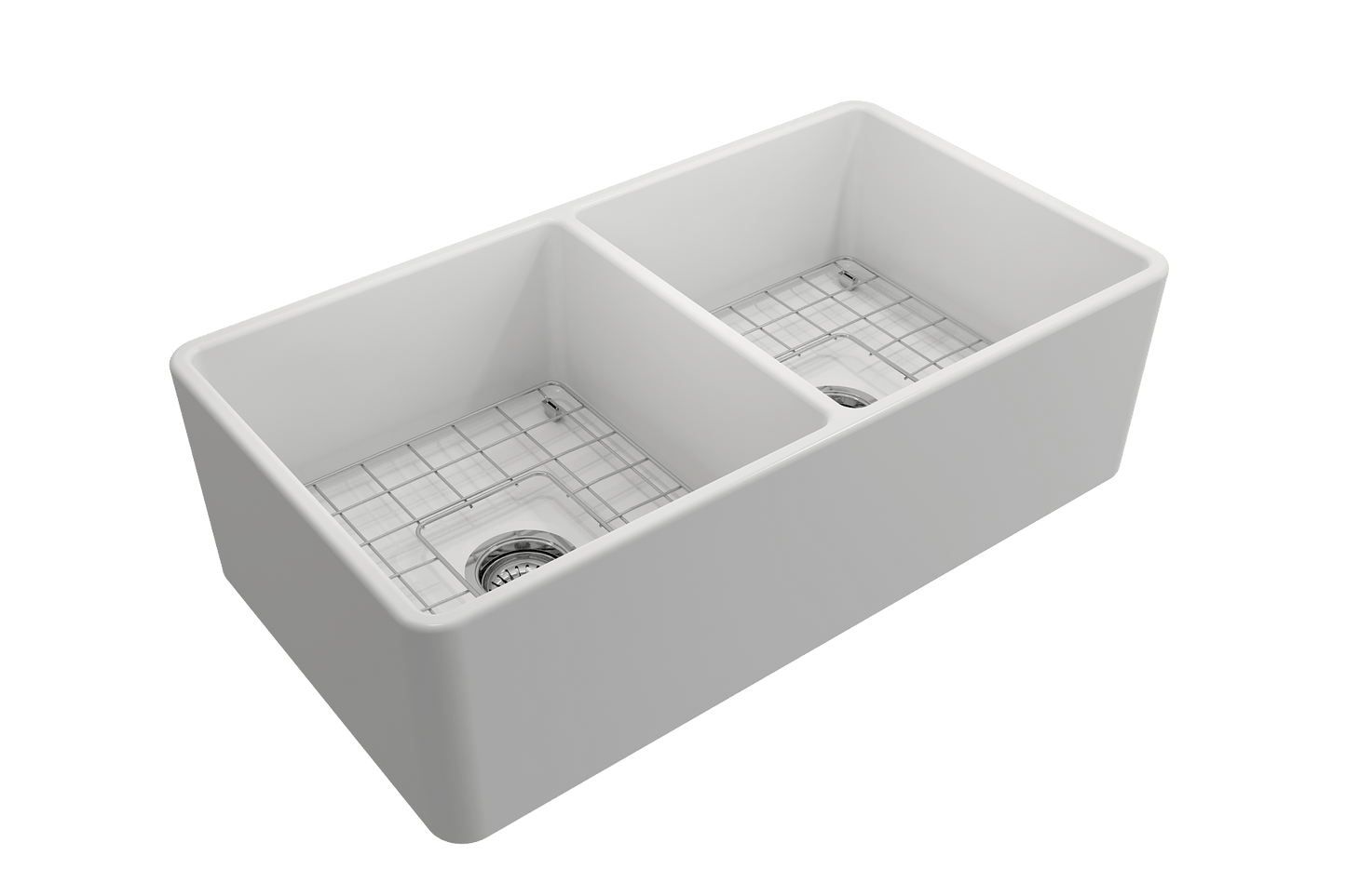BOCCHI Classico 33" Fireclay Farmhouse Apron 50/50 Double Bowl Kitchen Sink with grid bottom.
