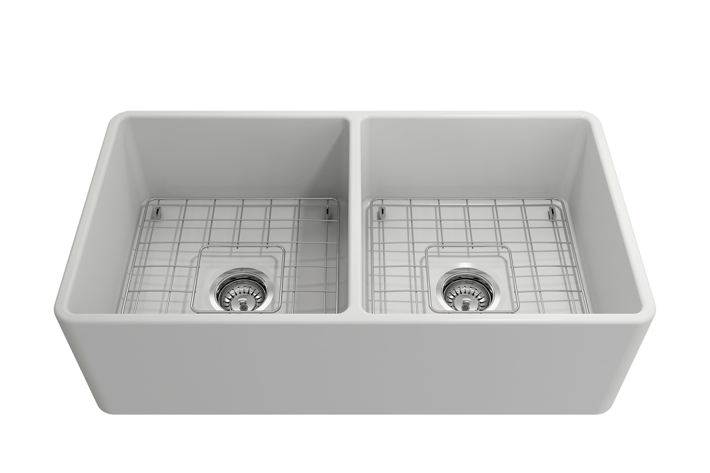 BOCCHI Classico 33" Fireclay Farmhouse Apron 50/50 Double Bowl Kitchen Sink showing dual bowl design and grid drains.