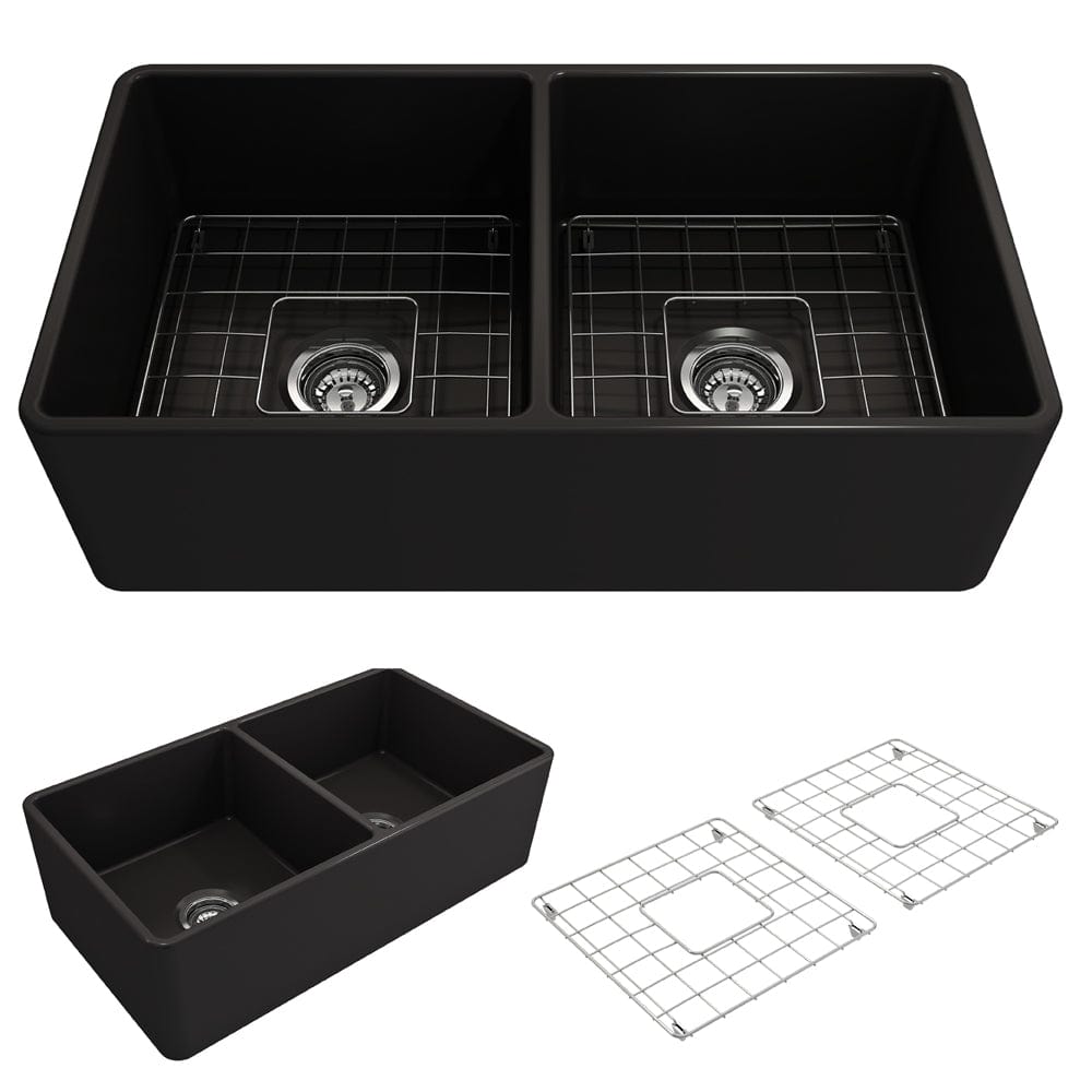 BOCCHI Classico 33" Fireclay Farmhouse Apron 50/50 Double Bowl Kitchen Sink with grid racks.