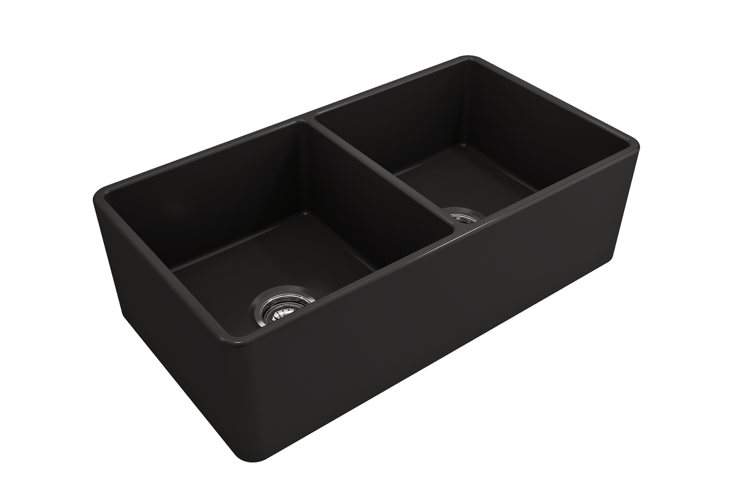BOCCHI Classico 33" Fireclay Farmhouse Apron 50/50 Double Bowl Kitchen Sink in black finish with dual bowls.
