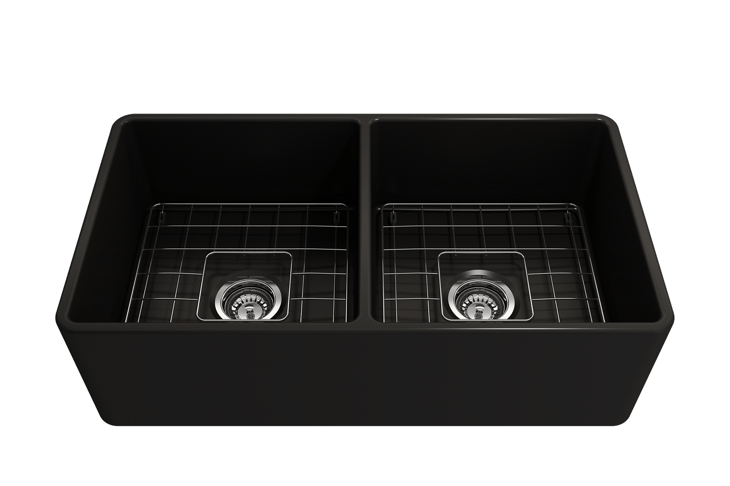 BOCCHI Classico 33" Fireclay Farmhouse Apron 50/50 Double Bowl Kitchen Sink with protective grids.