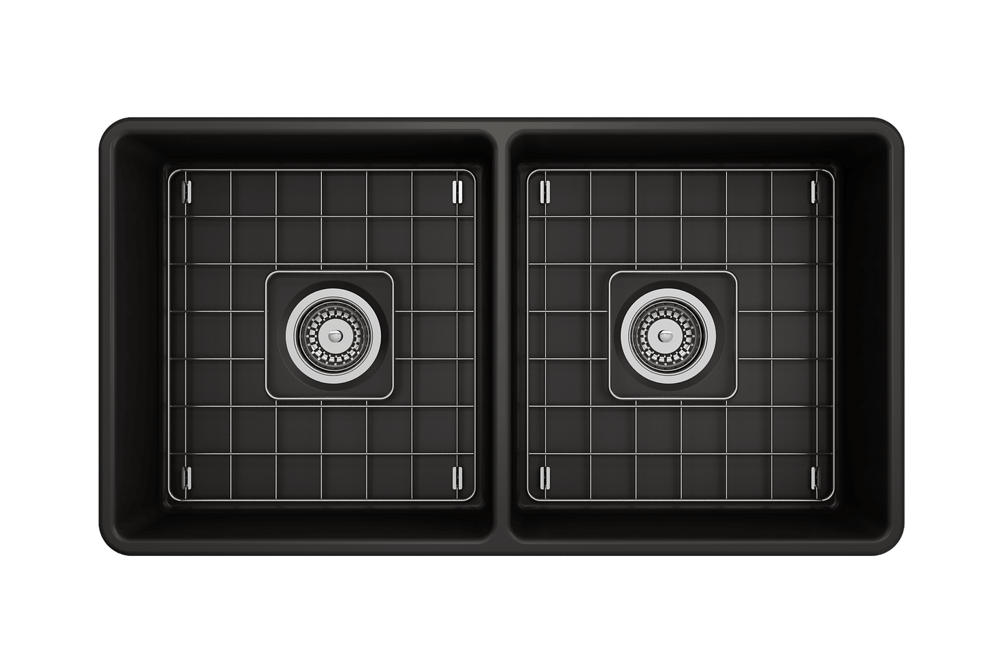 BOCCHI Classico 33" Fireclay Farmhouse Apron 50/50 Double Bowl Kitchen Sink in a top view layout with grid.