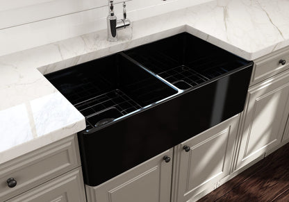 BOCCHI Classico 33" Fireclay Farmhouse Apron 50/50 Double Bowl Kitchen Sink in a modern kitchen setting.