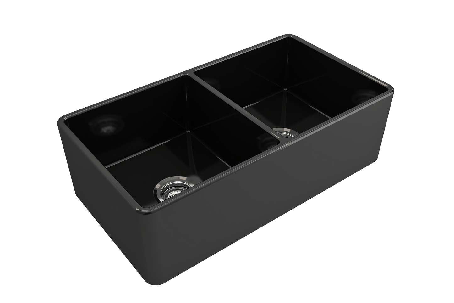 BOCCHI Classico 33" Fireclay Farmhouse Apron 50/50 Double Bowl Kitchen Sink in sleek black design, showcasing double bowl functionality.