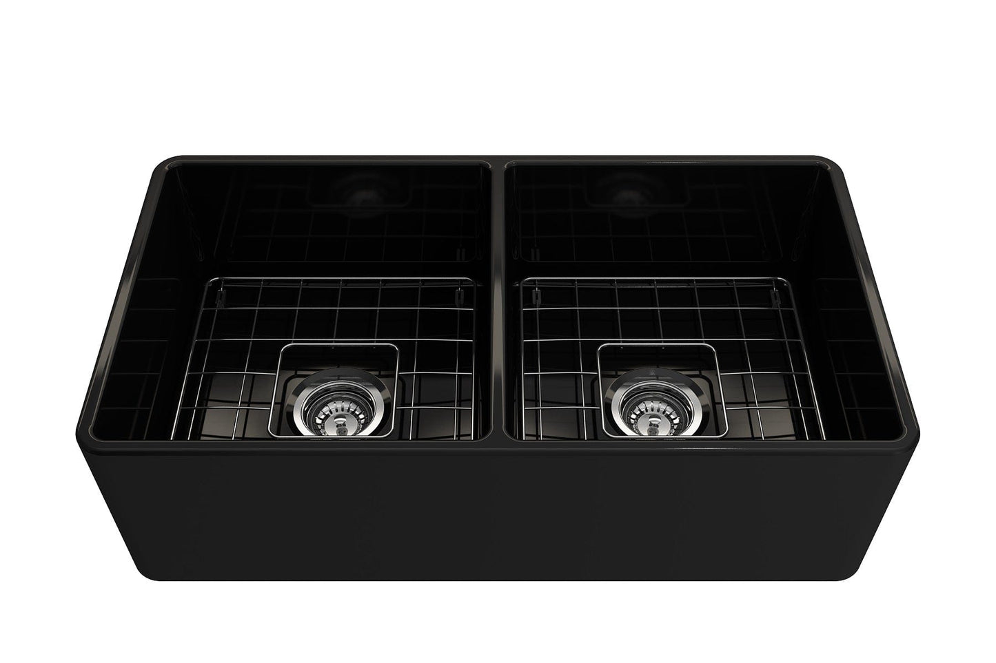 BOCCHI Classico 33" Fireclay Farmhouse Apron 50/50 Double Bowl Kitchen Sink in black, showcasing dual bowl functionality.