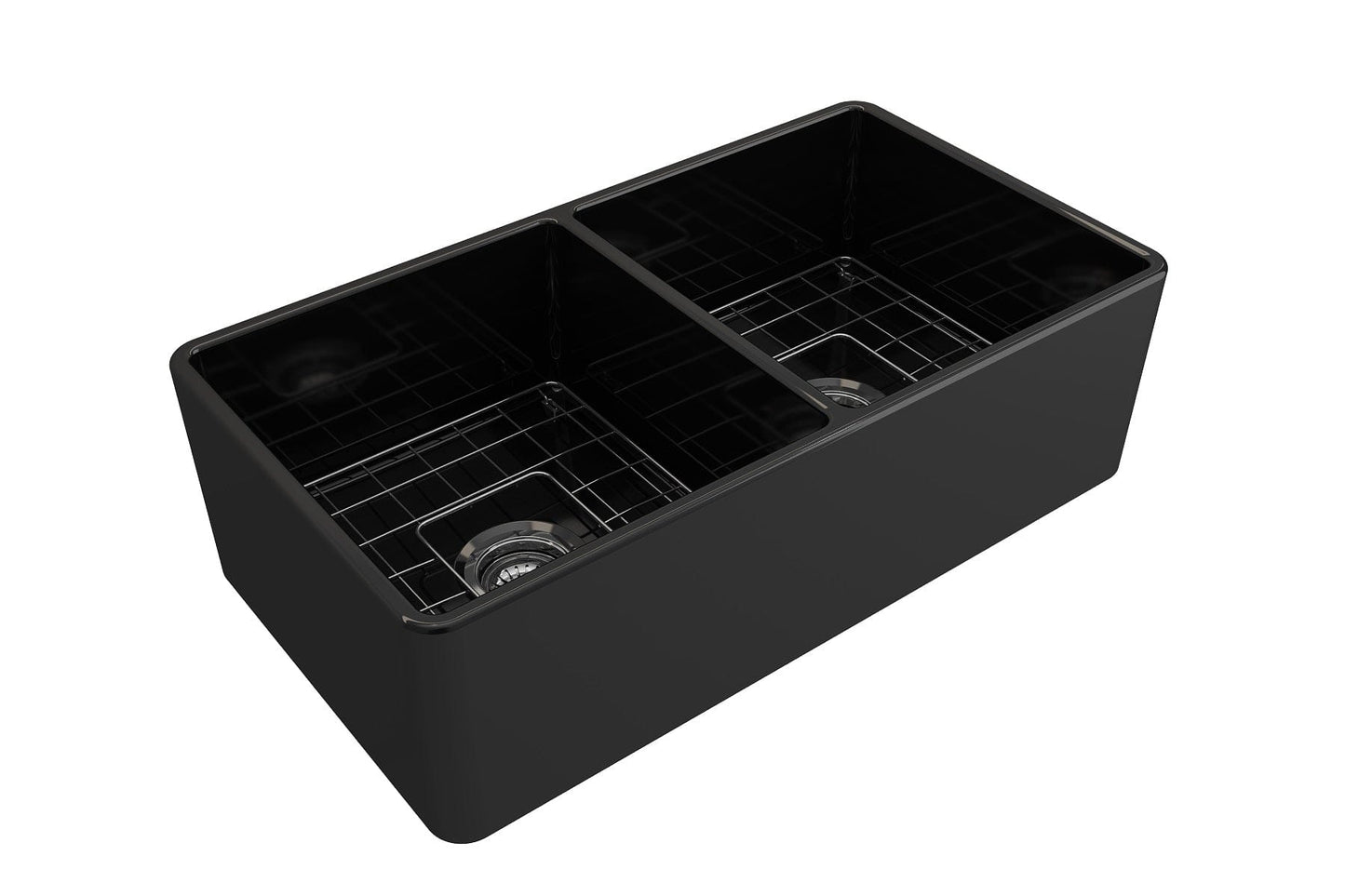 BOCCHI Classico 33" Fireclay Farmhouse Apron 50/50 Double Bowl Kitchen Sink in elegant black finish.