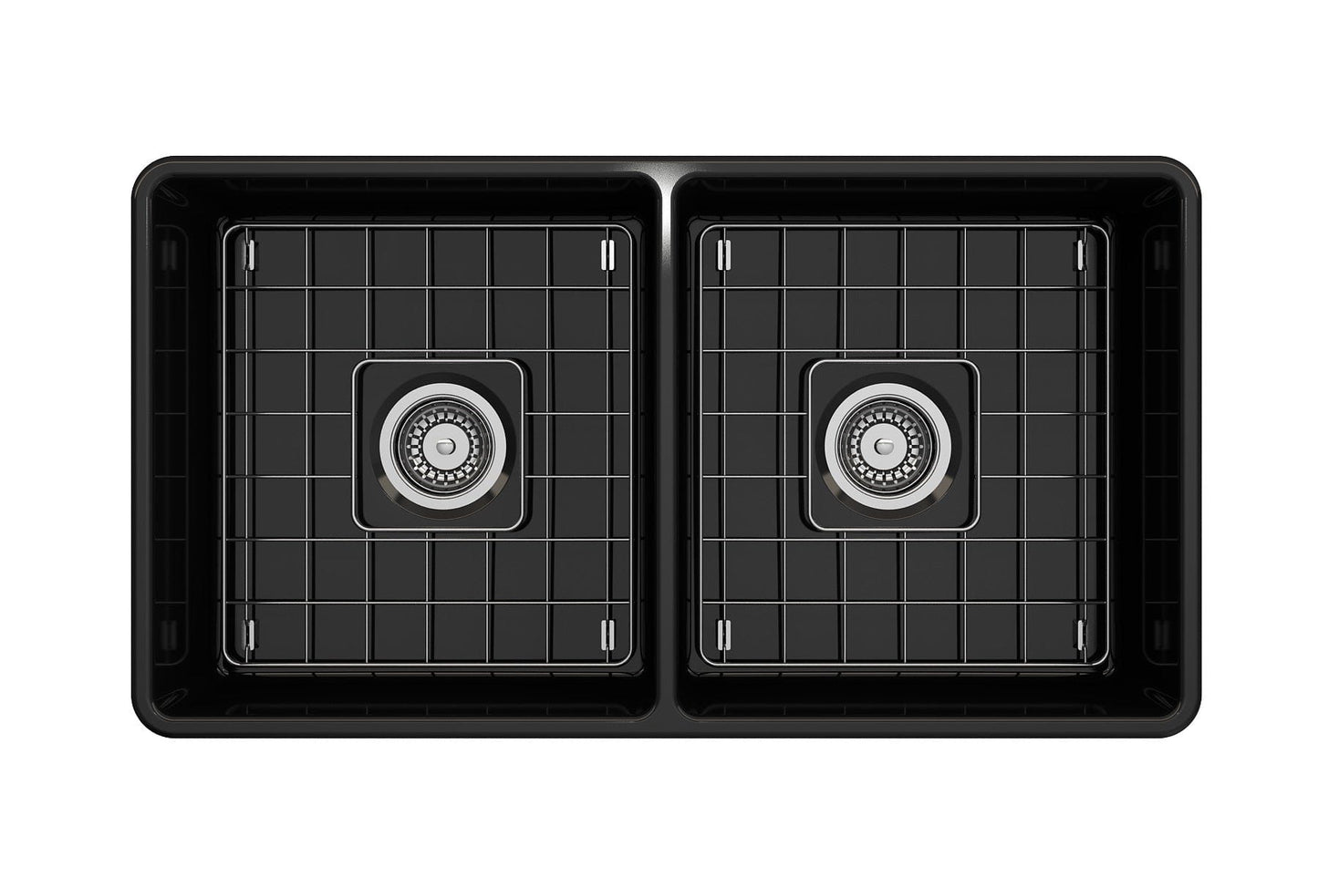 BOCCHI Classico 33" Fireclay Farmhouse Apron 50/50 Double Bowl Kitchen Sink in black finish.