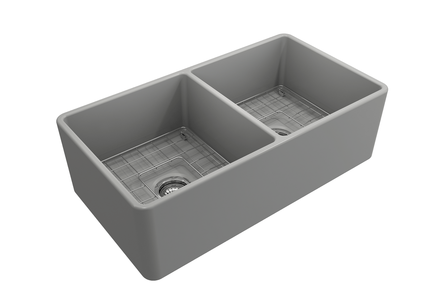 BOCCHI Classico 33" Fireclay Farmhouse Apron 50/50 Double Bowl Kitchen Sink in gray with two bowl compartments.