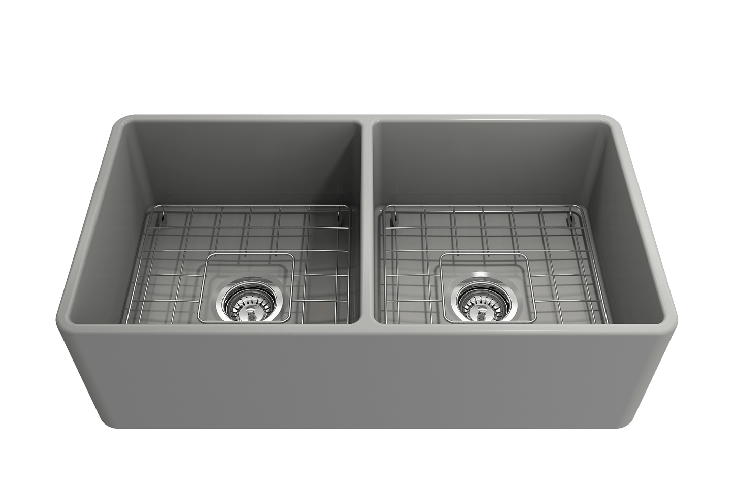 BOCCHI Classico 33" Fireclay Farmhouse Apron 50/50 Double Bowl Kitchen Sink in gray with grid bottom.