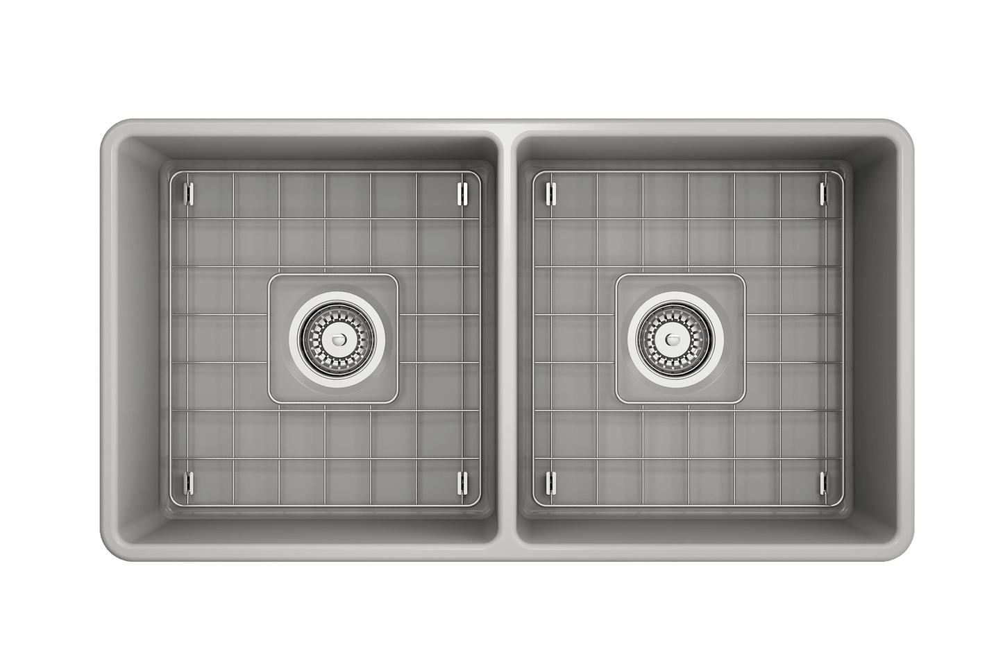 BOCCHI Classico 33" Fireclay Farmhouse Apron 50/50 Double Bowl Kitchen Sink top view with dual bowls and drain.