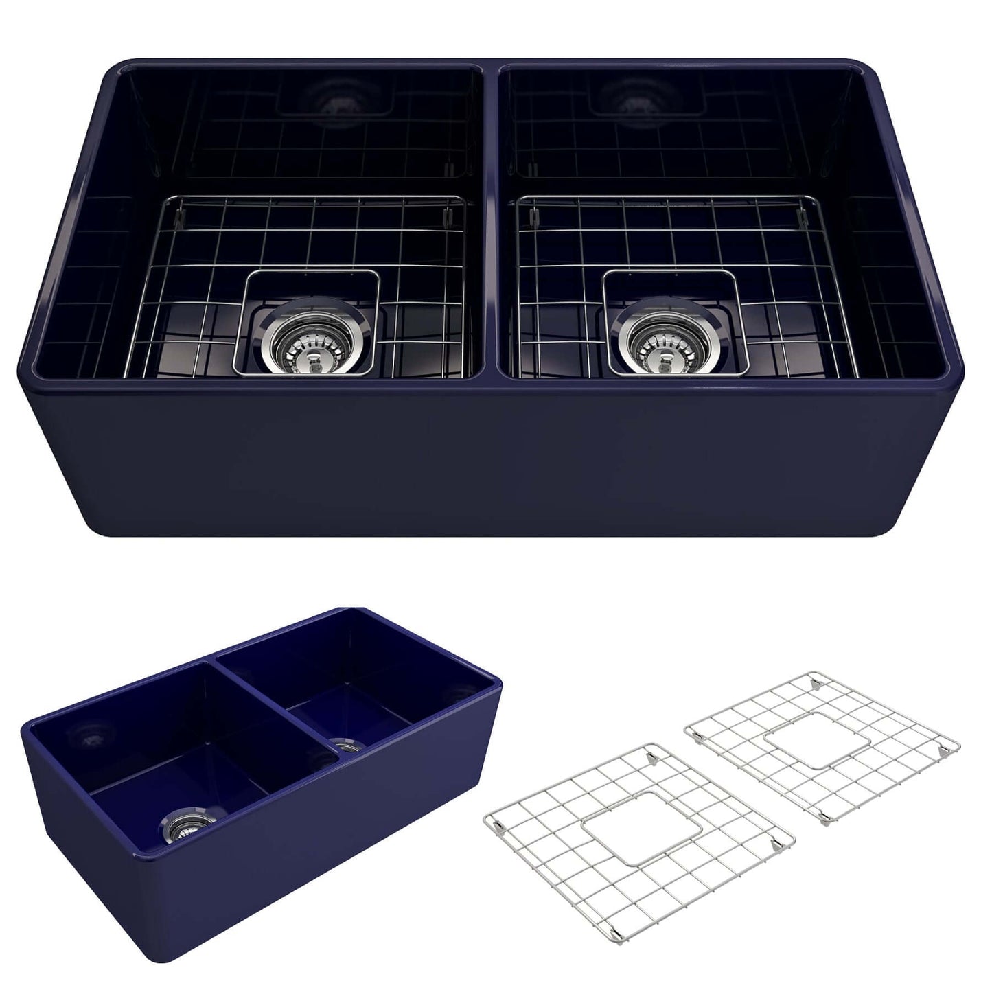 BOCCHI Classico 33" Fireclay Farmhouse Apron 50/50 Double Bowl Kitchen Sink with grates.