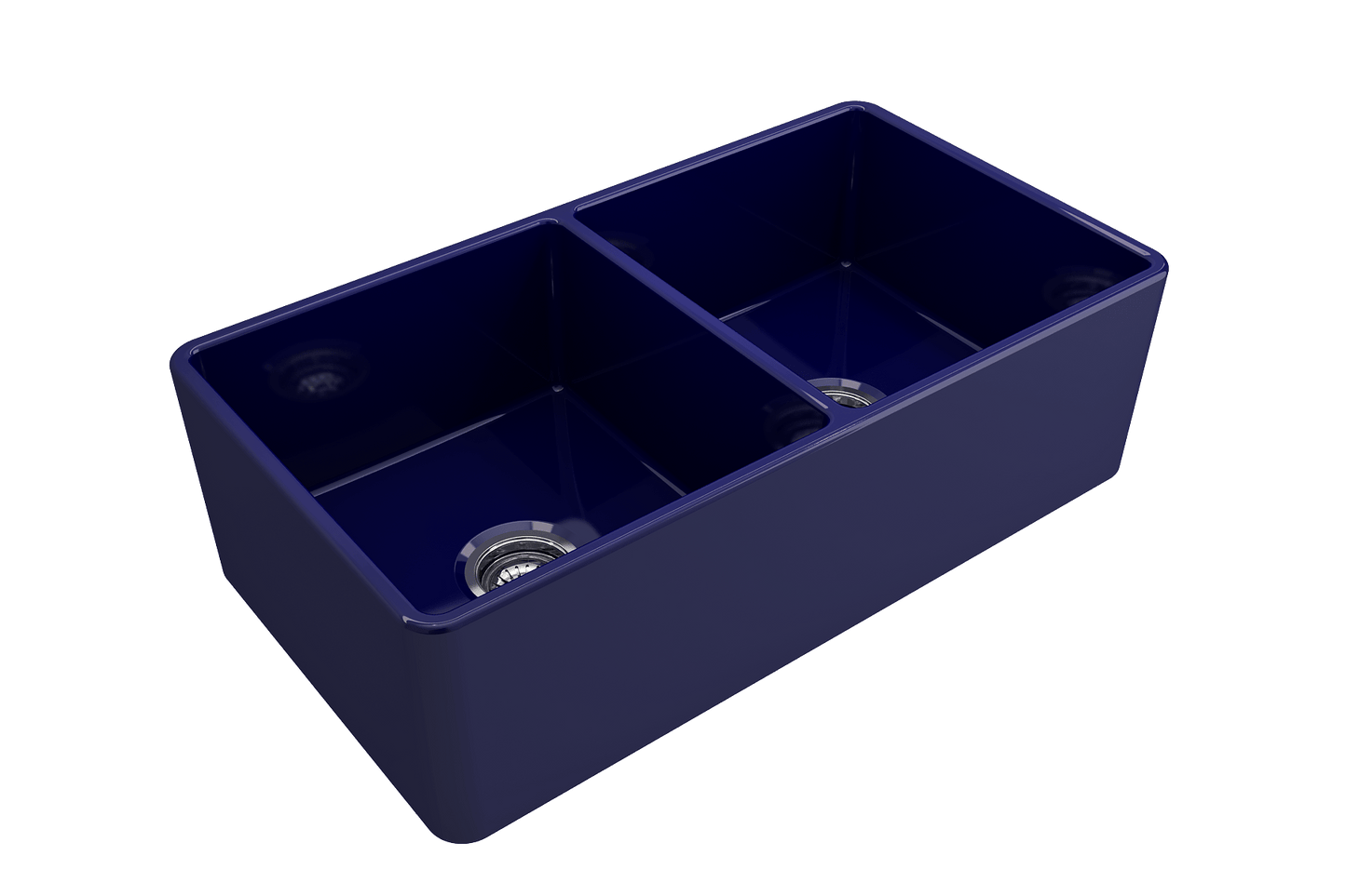 BOCCHI Classico 33" Fireclay Farmhouse Apron 50/50 Double Bowl Kitchen Sink in dark blue finish.