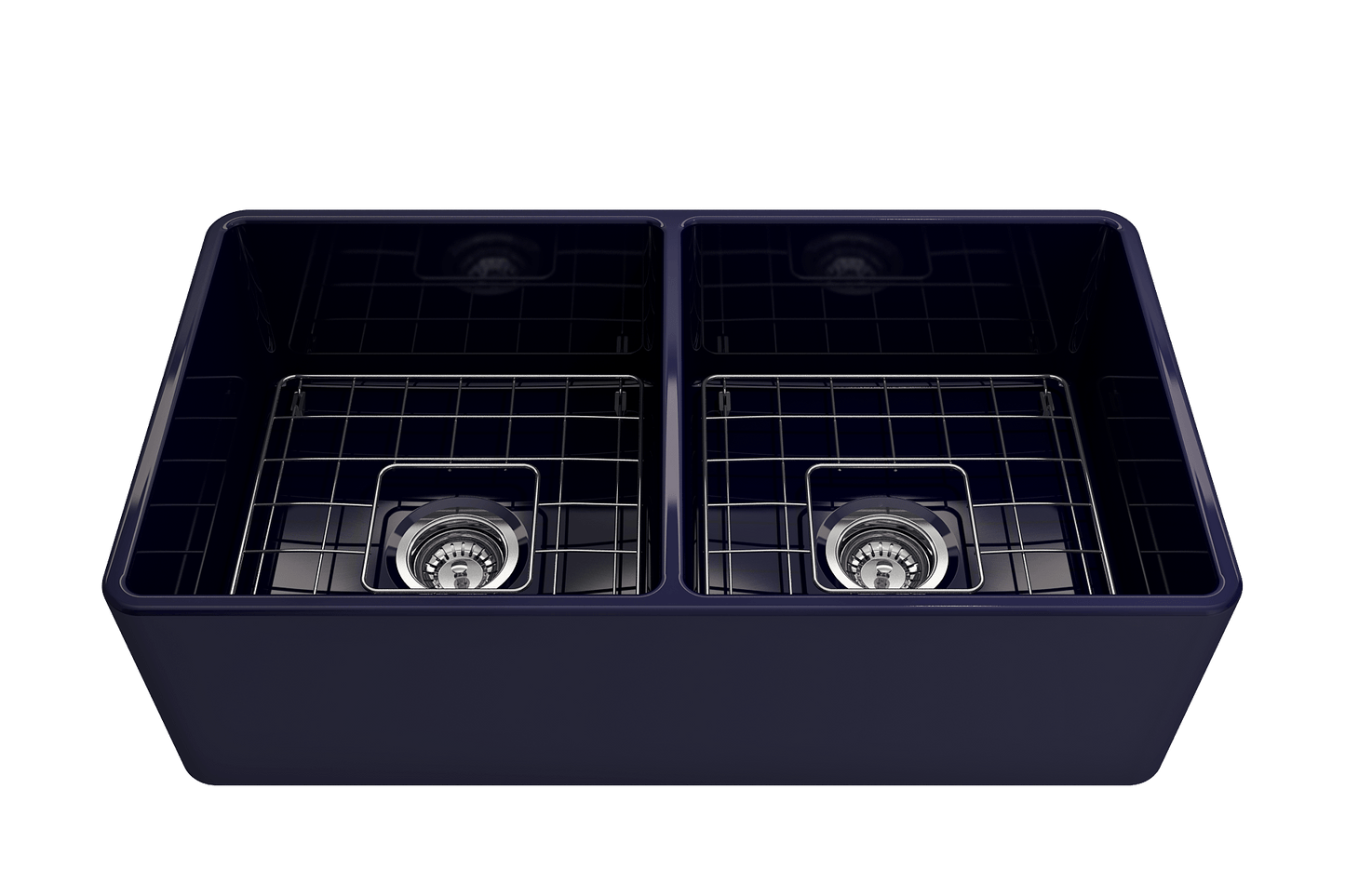 BOCCHI Classico 33" Fireclay Farmhouse Apron 50/50 Double Bowl Kitchen Sink with grid.
