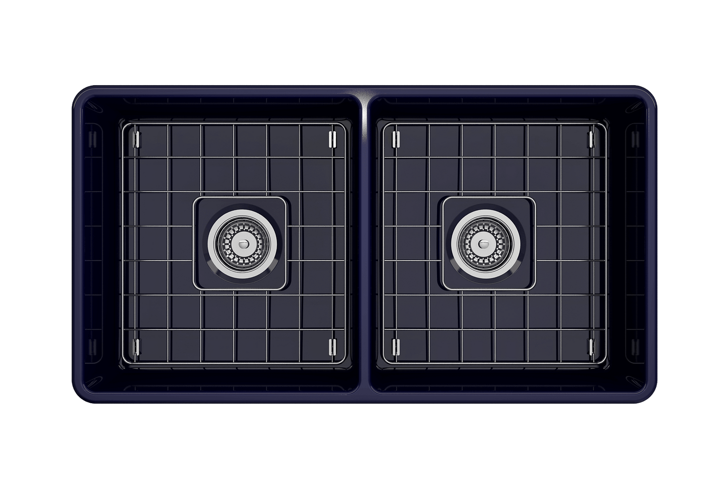 BOCCHI Classico 33" Fireclay Farmhouse Apron 50/50 Double Bowl Kitchen Sink with grid design.