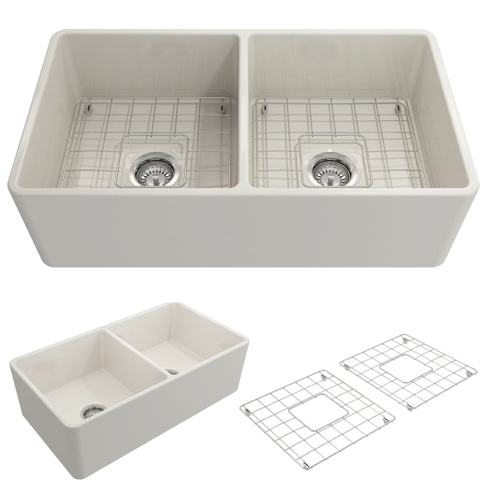 BOCCHI Classico 33" Fireclay Farmhouse Apron 50/50 Double Bowl Kitchen Sink with grid accessories