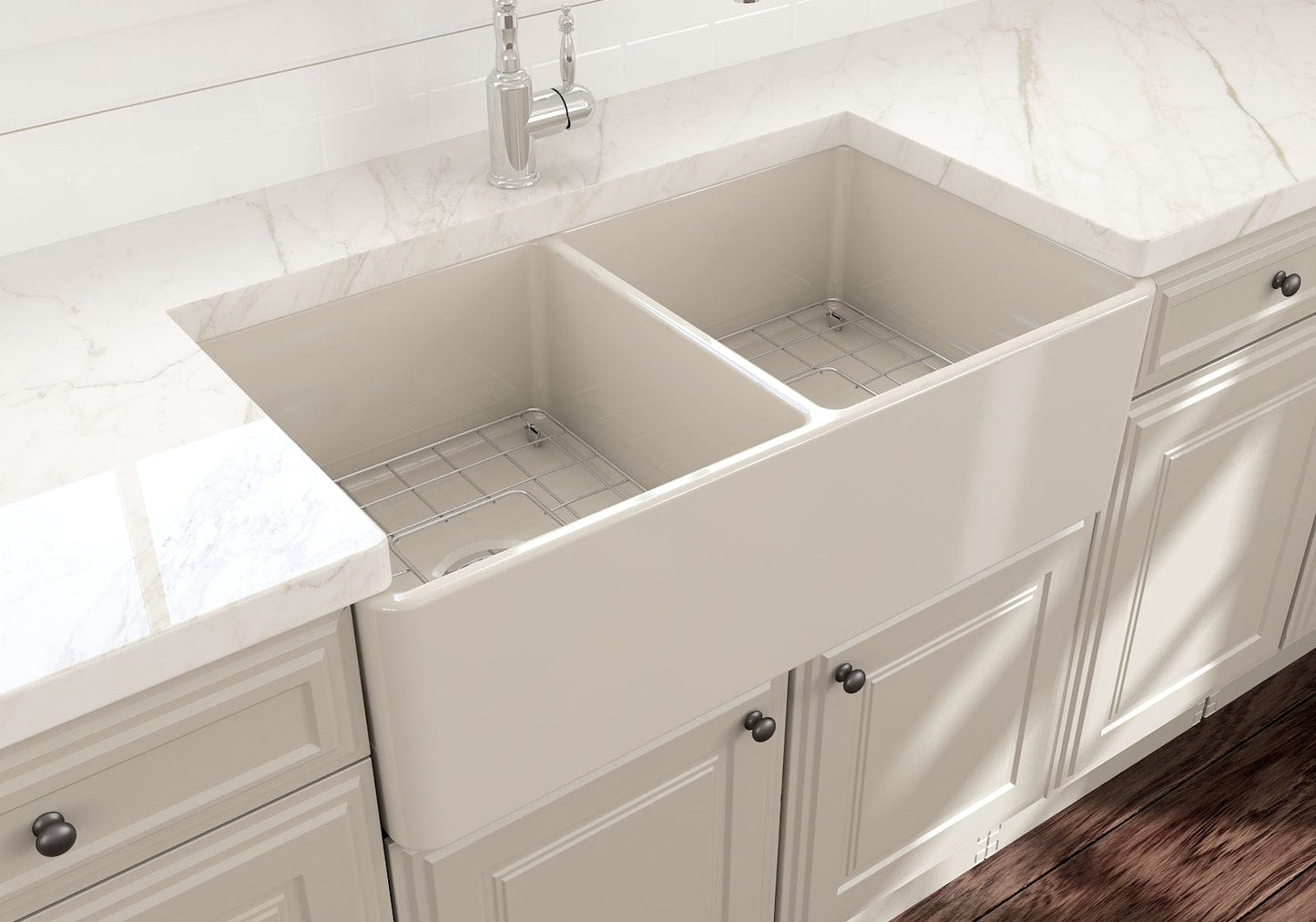 BOCCHI Classico 33" Fireclay Farmhouse Apron 50/50 Double Bowl Kitchen Sink in a traditional kitchen setting.