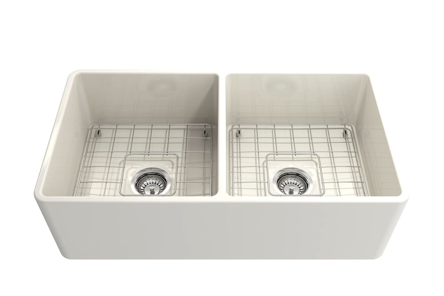 BOCCHI Classico 33" Fireclay Farmhouse Apron 50/50 Double Bowl Kitchen Sink with grid.