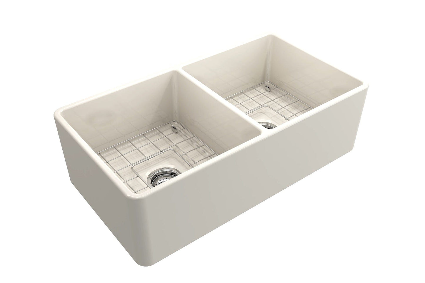BOCCHI Classico 33" Fireclay Farmhouse Apron 50/50 Double Bowl Kitchen Sink in white with dual-bowl design.