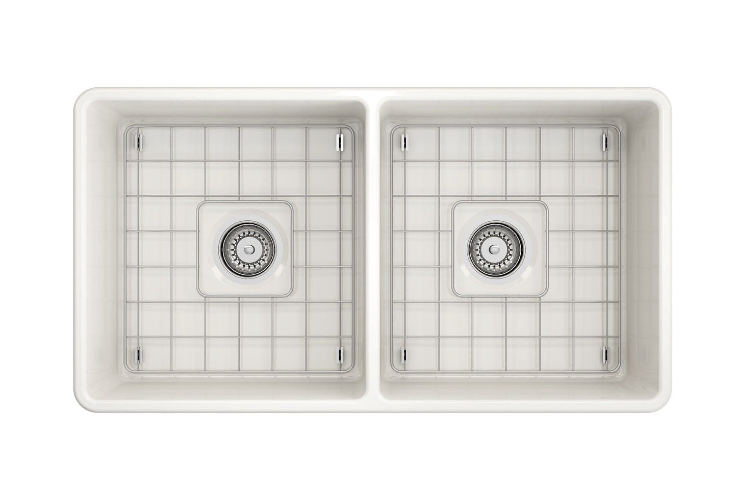 BOCCHI Classico 33" Fireclay Farmhouse Apron 50/50 Double Bowl Kitchen Sink top view with grid.