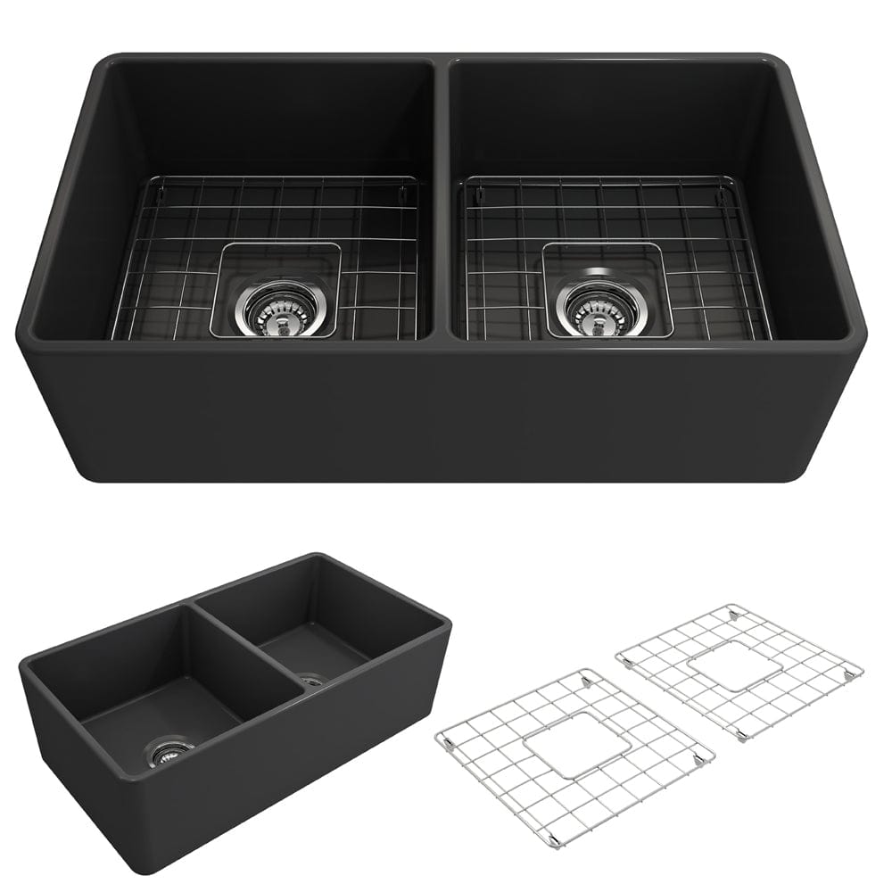 BOCCHI Classico 33" Fireclay Farmhouse Apron 50/50 Double Bowl Kitchen Sink, dual-bowl design in black.