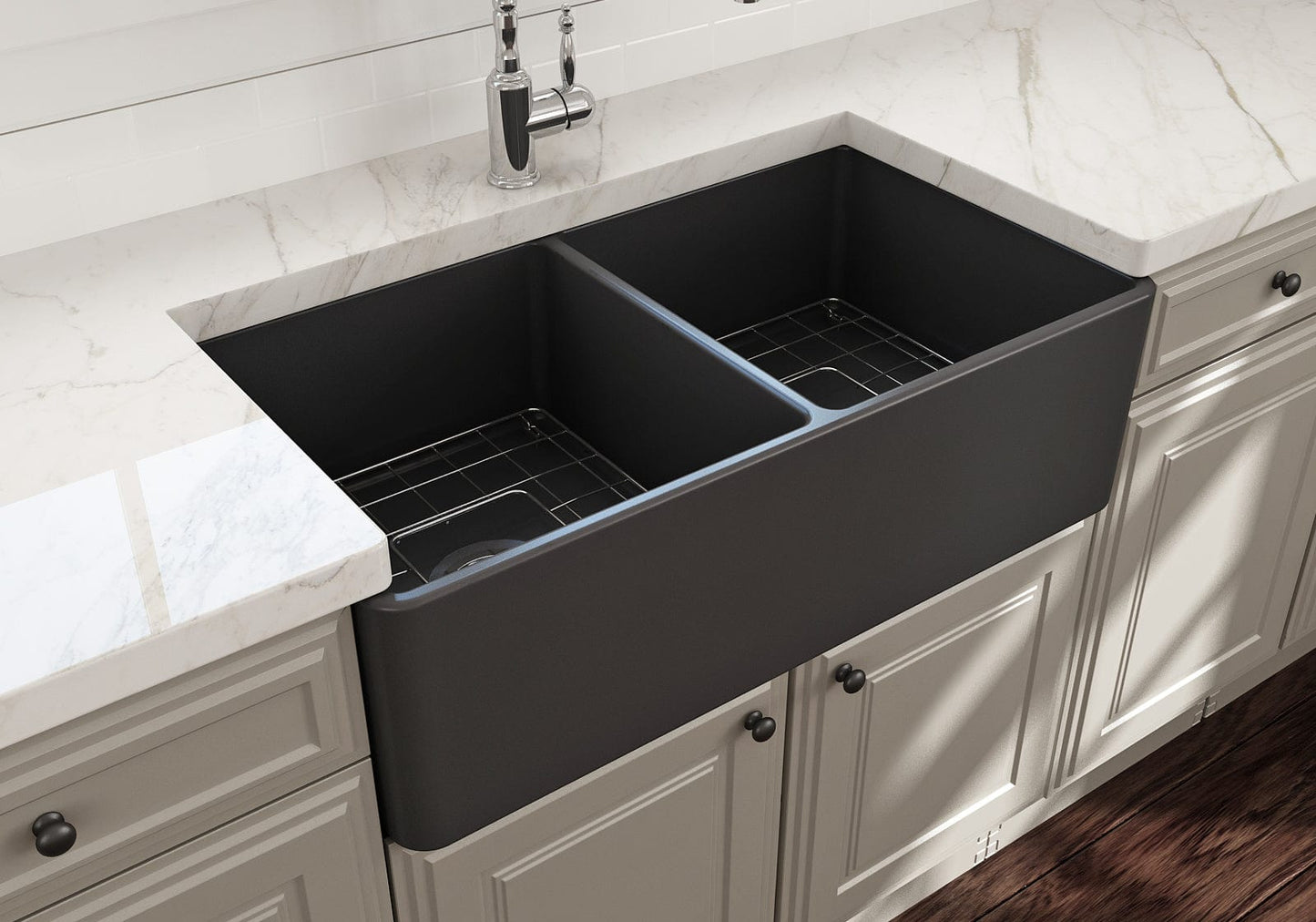 BOCCHI Classico 33" Fireclay Farmhouse Apron 50/50 Double Bowl Kitchen Sink with elegant design and dual functionality.