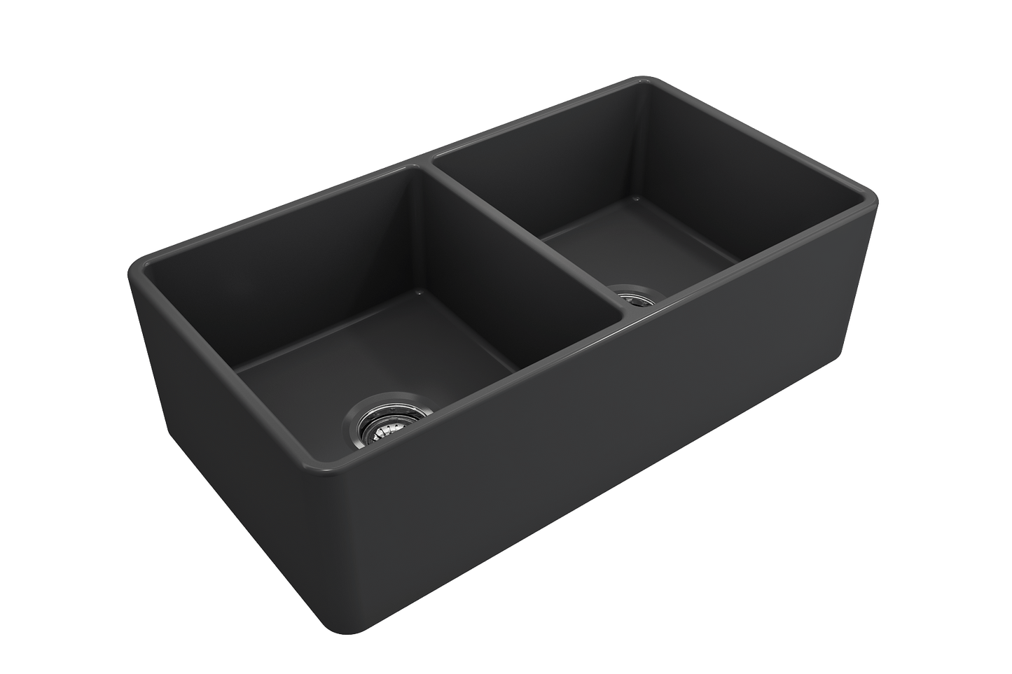 BOCCHI Classico 33" Fireclay Farmhouse Apron 50/50 Double Bowl Kitchen Sink in sleek black finish.