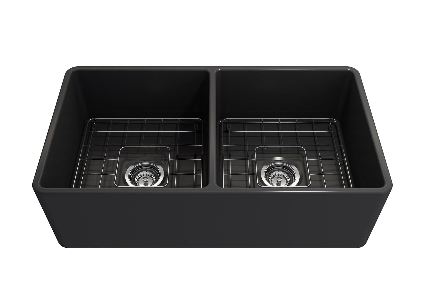 BOCCHI Classico 33" Fireclay Farmhouse Apron 50/50 Double Bowl Kitchen Sink in sleek black finish