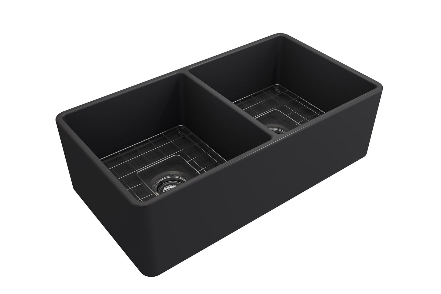 BOCCHI Classico 33" Fireclay Farmhouse Apron 50/50 Double Bowl Kitchen Sink with elegant black finish.