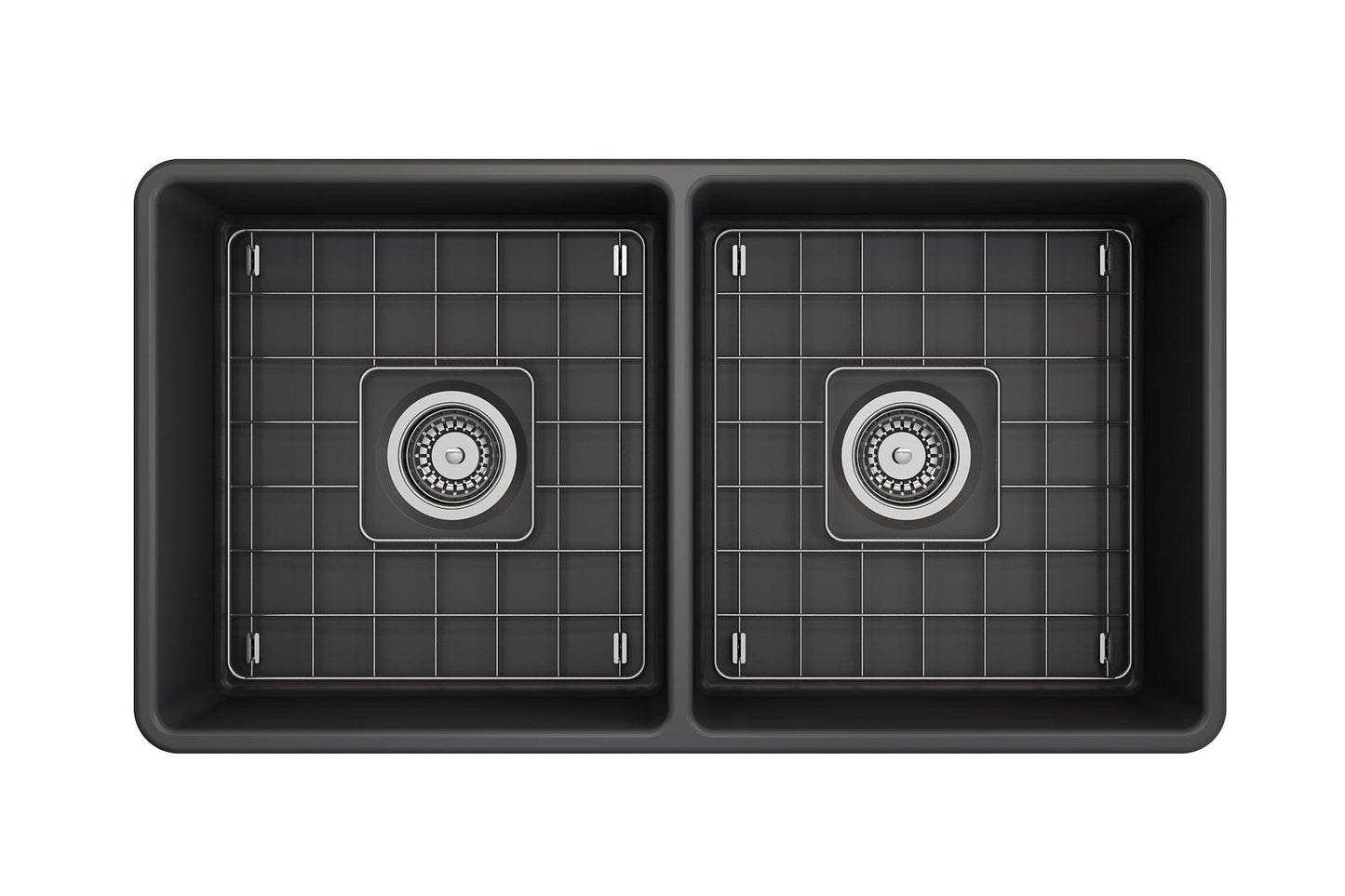 BOCCHI Classico 33" Fireclay Farmhouse Apron 50/50 Double Bowl Kitchen Sink top view with two compartments.