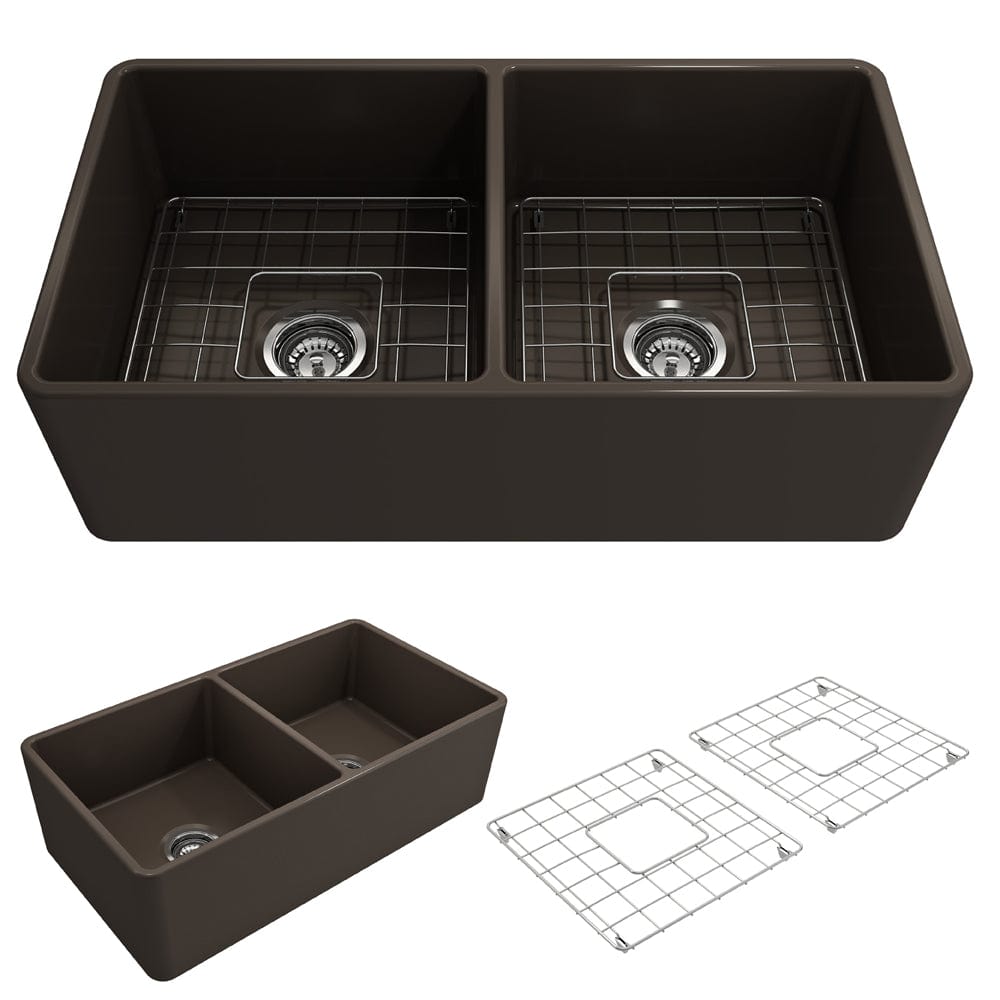 BOCCHI Classico 33" Fireclay Farmhouse Apron 50/50 Double Bowl Kitchen Sink with protective grids.