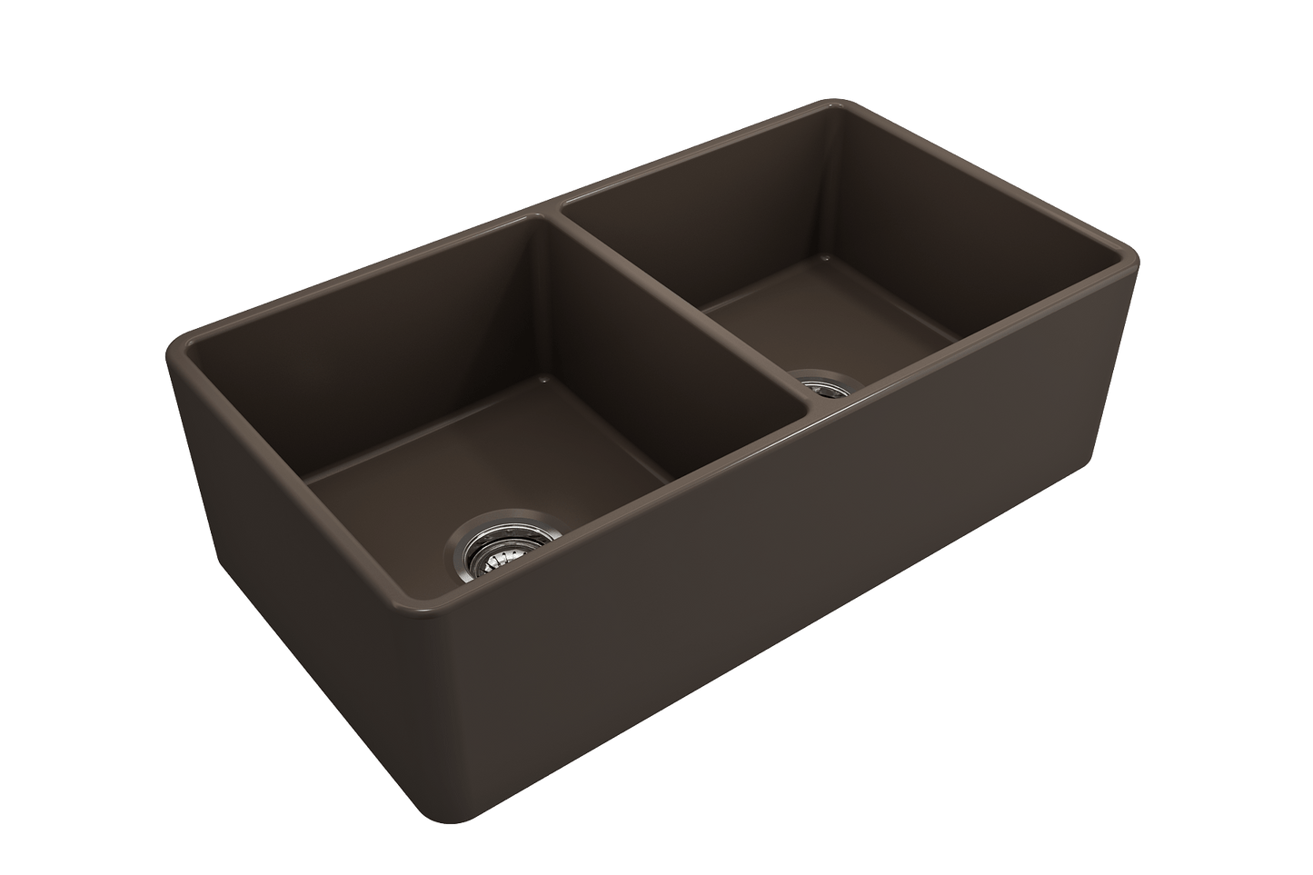 BOCCHI Classico 33" Fireclay Farmhouse Apron 50/50 Double Bowl Kitchen Sink in dark brown finish.