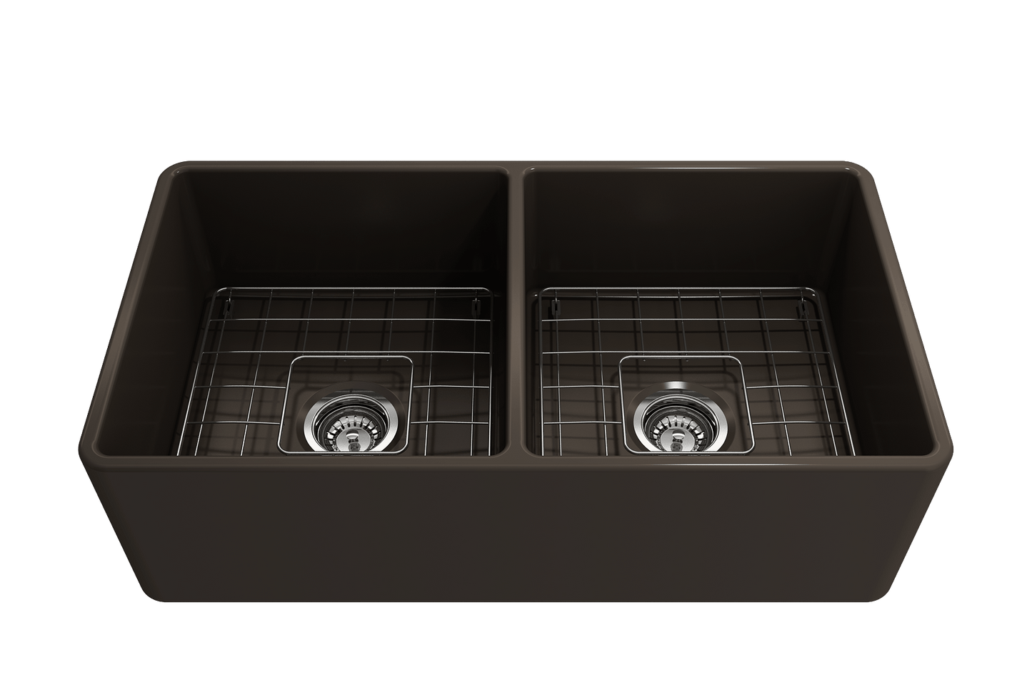 BOCCHI Classico 33" Fireclay Farmhouse Apron 50/50 Double Bowl Kitchen Sink with grid and drain.