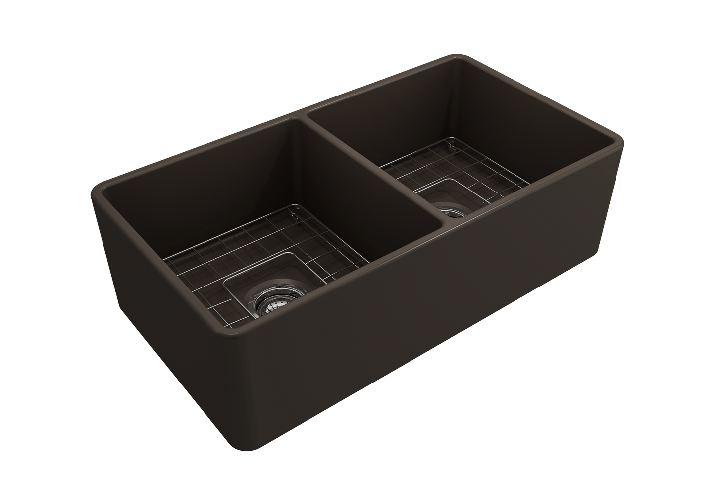 BOCCHI Classico 33" Fireclay Farmhouse Apron 50/50 Double Bowl Kitchen Sink in dark finish with modern design.