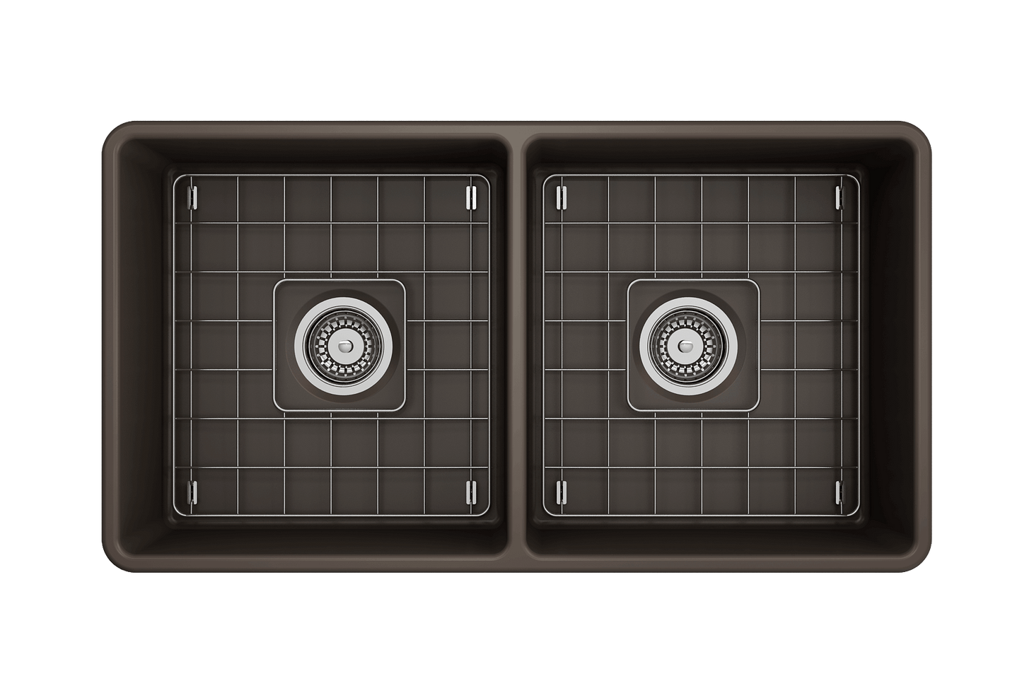 BOCCHI Classico 33" Fireclay Farmhouse Apron 50/50 Double Bowl Kitchen Sink with grid and drain.